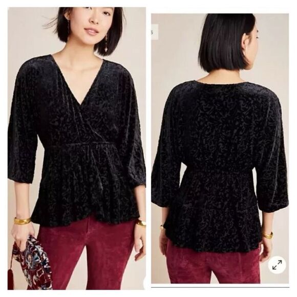 NWT Anthropologie Aleksa Burnout Crushed Black Velvet V Neck Blouse Size Small - Picture 1 of 11